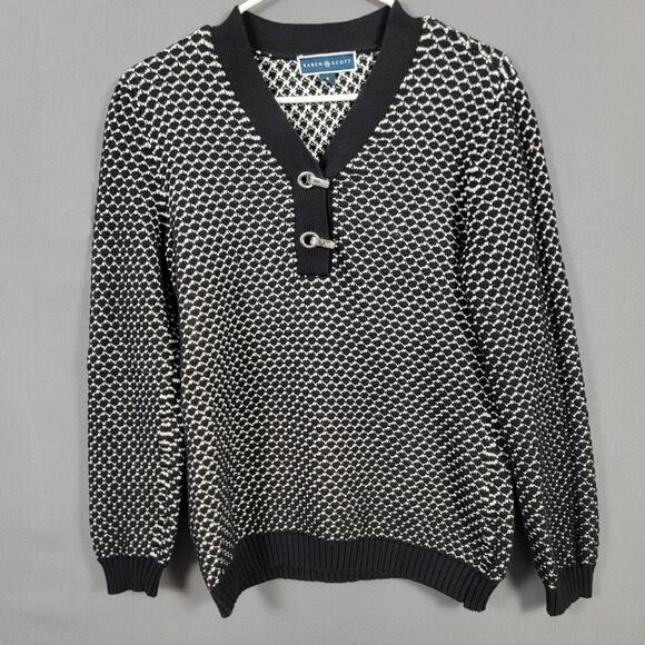 Karen Scott Black White Geometric Cotton Toggle Sweater Classic Preppy Layer - Picture 1 of 8